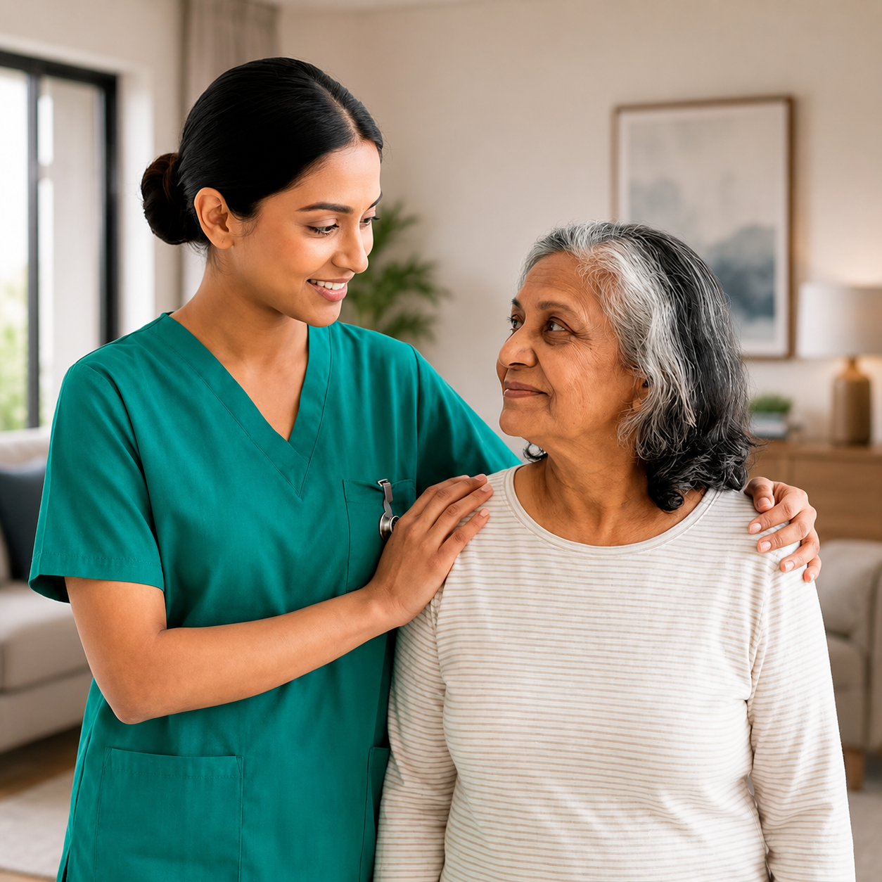 Caregiver smiling with an elderly resident at Vinmayaa Care